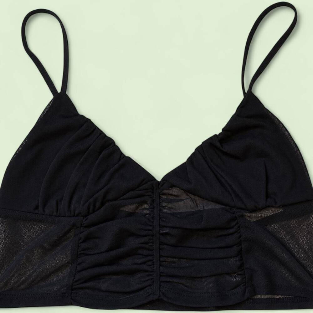 Black Ruched Mesh Corset Cami Top Sheer Y2K Cropped Bralette Tank